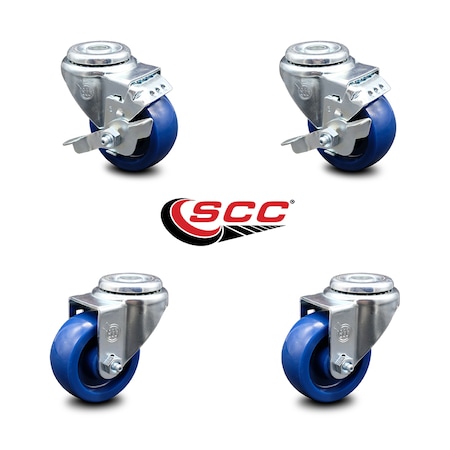 Service Caster 3 Inch Solid Polyurethane Wheel Swivel Bolt Hole Caster Set with 2 Brake SCC SCC-BH20S314-SPUS-2-TLB-2